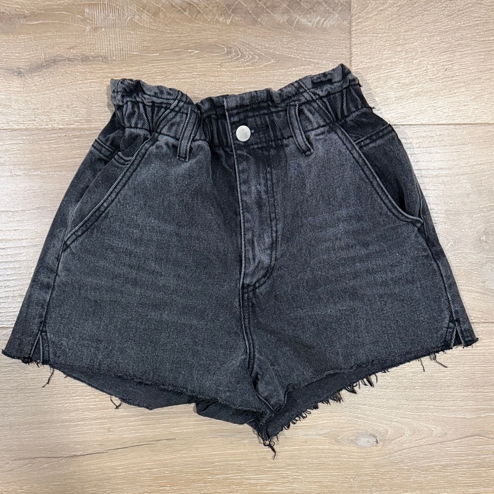 High-Rise Black Paperbag Denim Shorts with Frayed Hem